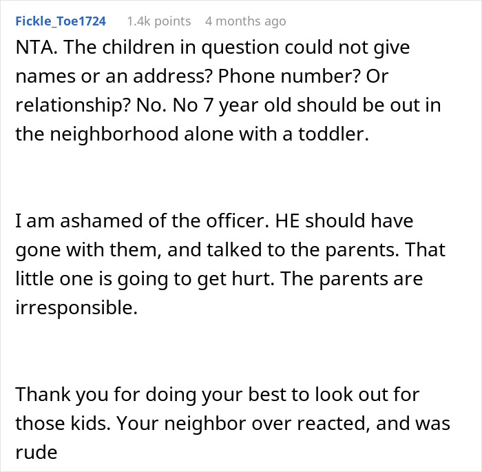 Screenshot of a Reddit comment discussing a neighbor&rsquo;s meltdown after calling cops on 2-year-old wandering streets alone.