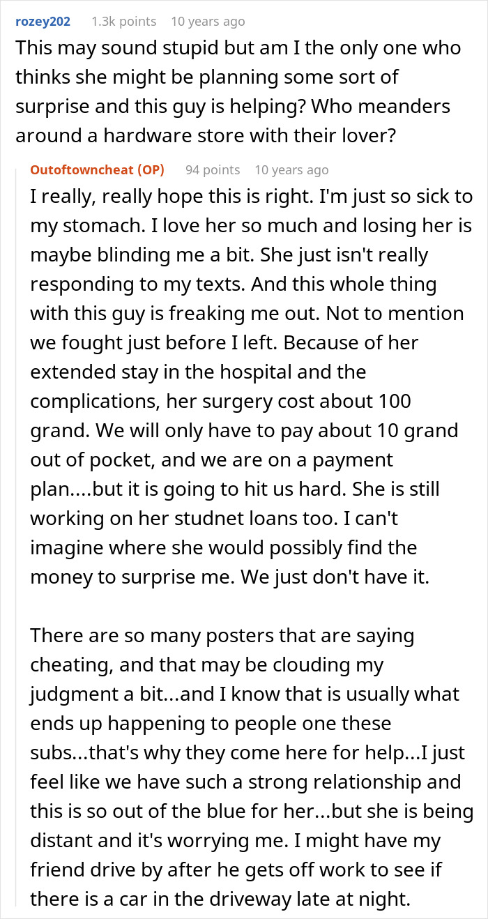 Reddit conversation showing a user worried about girlfriend&rsquo;s behavior after best friend saw girlfriend with another man.