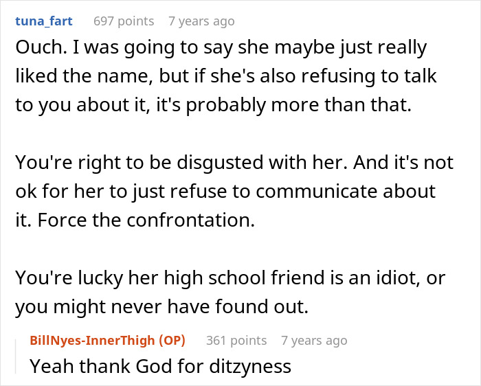 Screenshot of a Reddit discussion about a husband feeling sick after realizing who their son is named after, with users debating communication. - 19