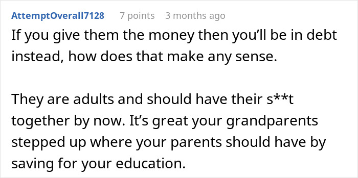 Comment discussing a teen refusing to sacrifice her future to fix parents’ financial mistakes with frustration over debt. - 26