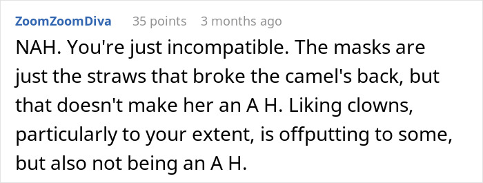 Comment discussing incompatibility over a huge clown collection and differing opinions in a relationship. Comment discussing incompatibility over a huge clown collection and differing opinions in a relationship.