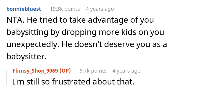 Conversation text showing frustration after woman quits babysitting when brother-in-law drops unexpected kids, expecting free care. - 14