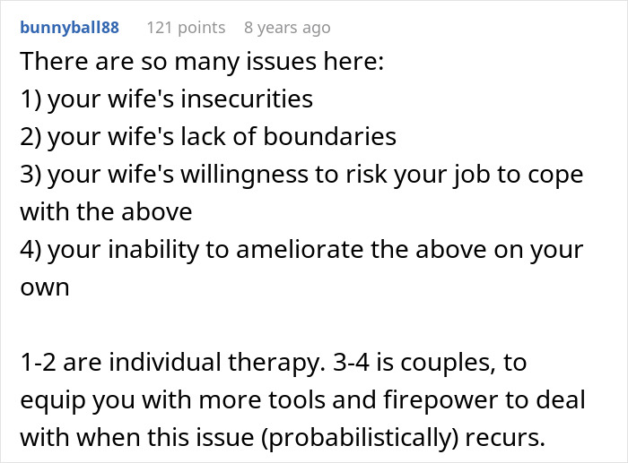 Comment discussing issues related to jealous wife spying husband work, including insecurities and therapy suggestions.