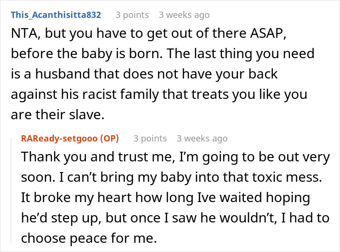 Screenshot of an online discussion about a pregnant woman refusing to babysit niblings amid racist family tensions.