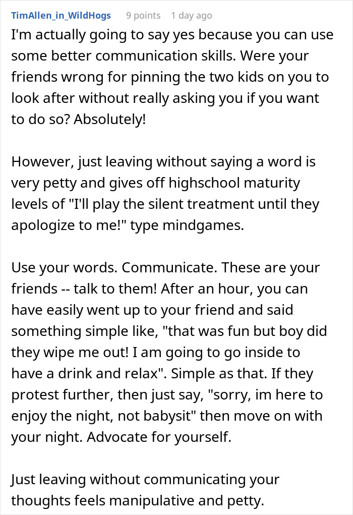 Comment discussing a woman leaving a friend’s party without saying goodbye after being used as a babysitter by her sister, advising better communication. - 27