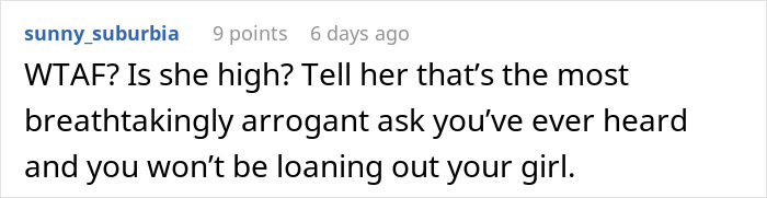 Comment text on a white background, expressing shock at an acquaintance's request to lend her daughter for a wedding. - 36