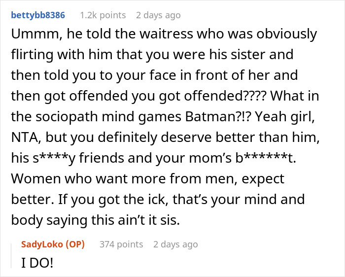 Comment thread discussing a man who calls his girlfriend sister, highlighting toxic behavior and emotional manipulation.