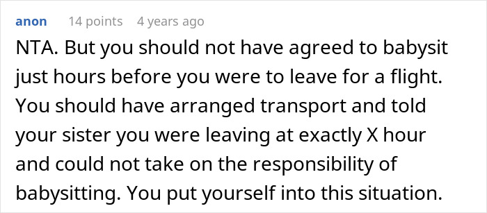 Comment excerpt discussing a woman missing her flight while babysitting niece and being refused compensation by parents. - 19