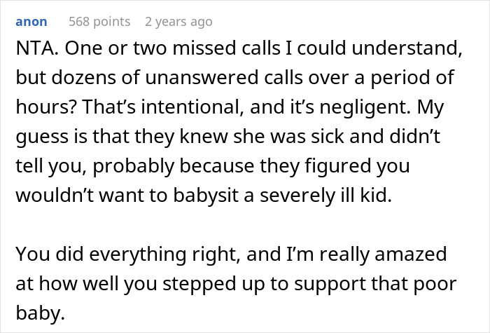 Comment discussing a family blacklisted local babysitters situation, highlighting missed calls and negligence concerns.