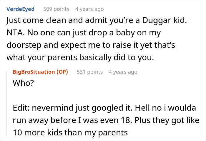 Reddit user discusses being sick and tired of babysitting nine siblings and avoiding parents' demands by moving far away. - 18