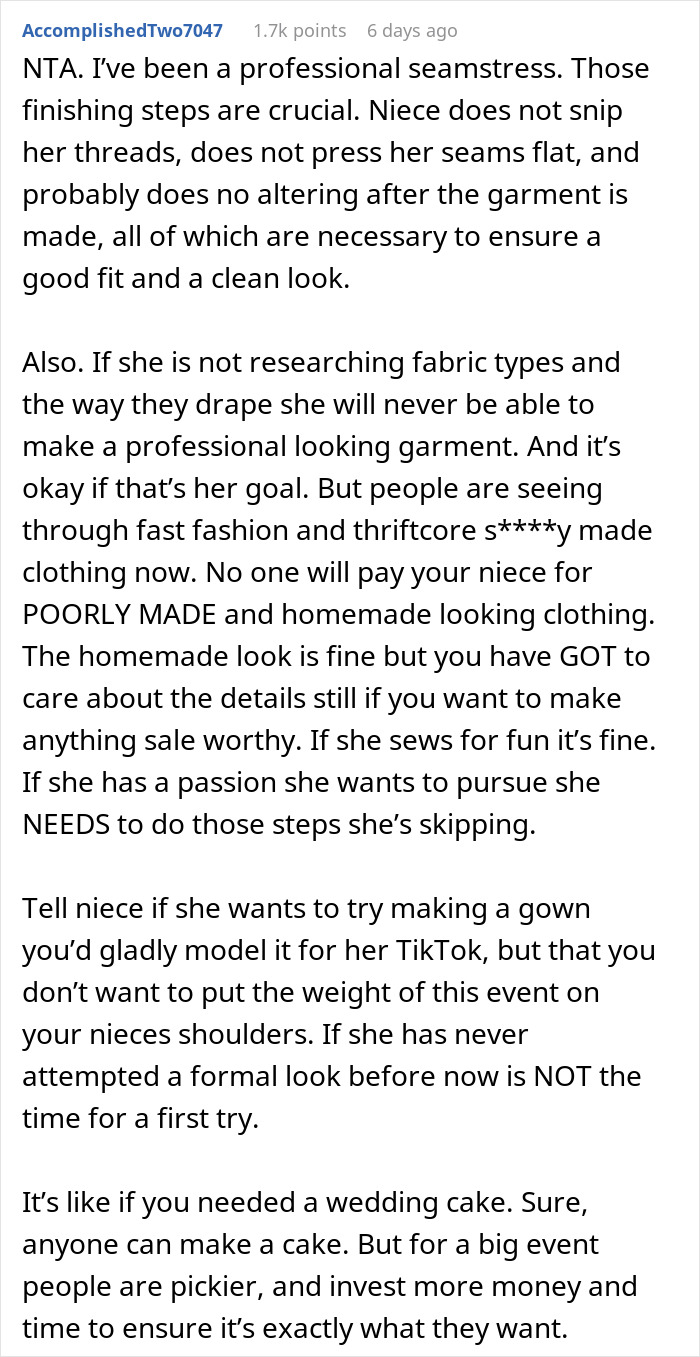 Comment explaining why woman refuses to wear niece&rsquo;s handmade dress for career event over quality concerns.