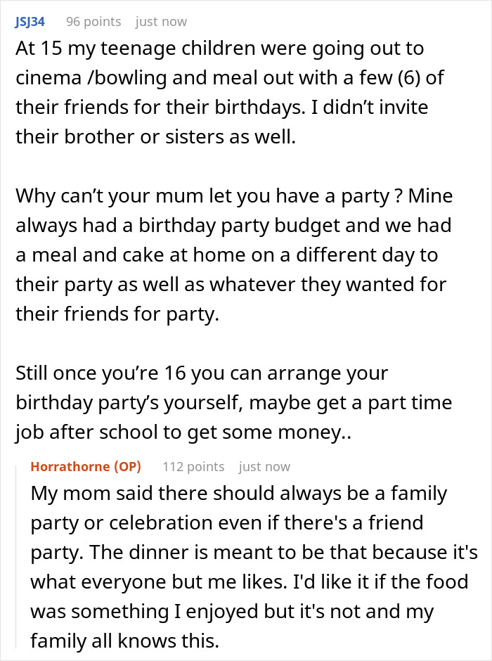 Reddit comment discussing teen&rsquo;s birthday party frustrations and parents prioritizing stepkids&rsquo; allergies over his food preferences.