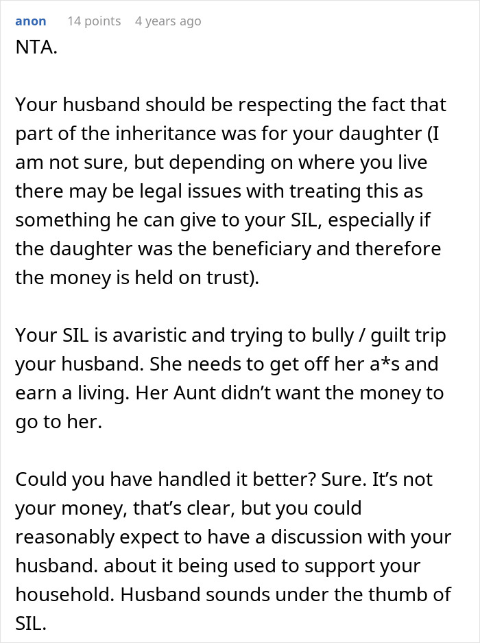 Commenter discussing husband promising daughter’s inheritance to freeloader sister-in-law while wife faces family conflict. - 31