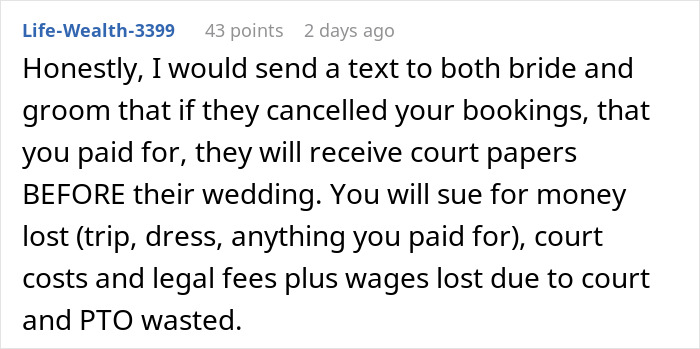 Comment urging legal action after bride tries to cancel guest’s resort room, warning of court papers and suing for losses. - 22