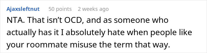 Comment discussing OCD and roommate&rsquo;s misunderstanding of Jewish traditions triggering OCD symptoms.