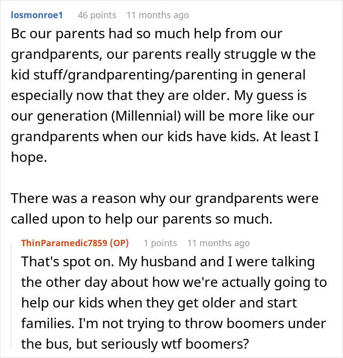 Screenshot of a Reddit conversation discussing challenges faced by modern parents with grandparenting and parenting support. Screenshot of a Reddit conversation discussing challenges faced by modern parents with grandparenting and parenting support.