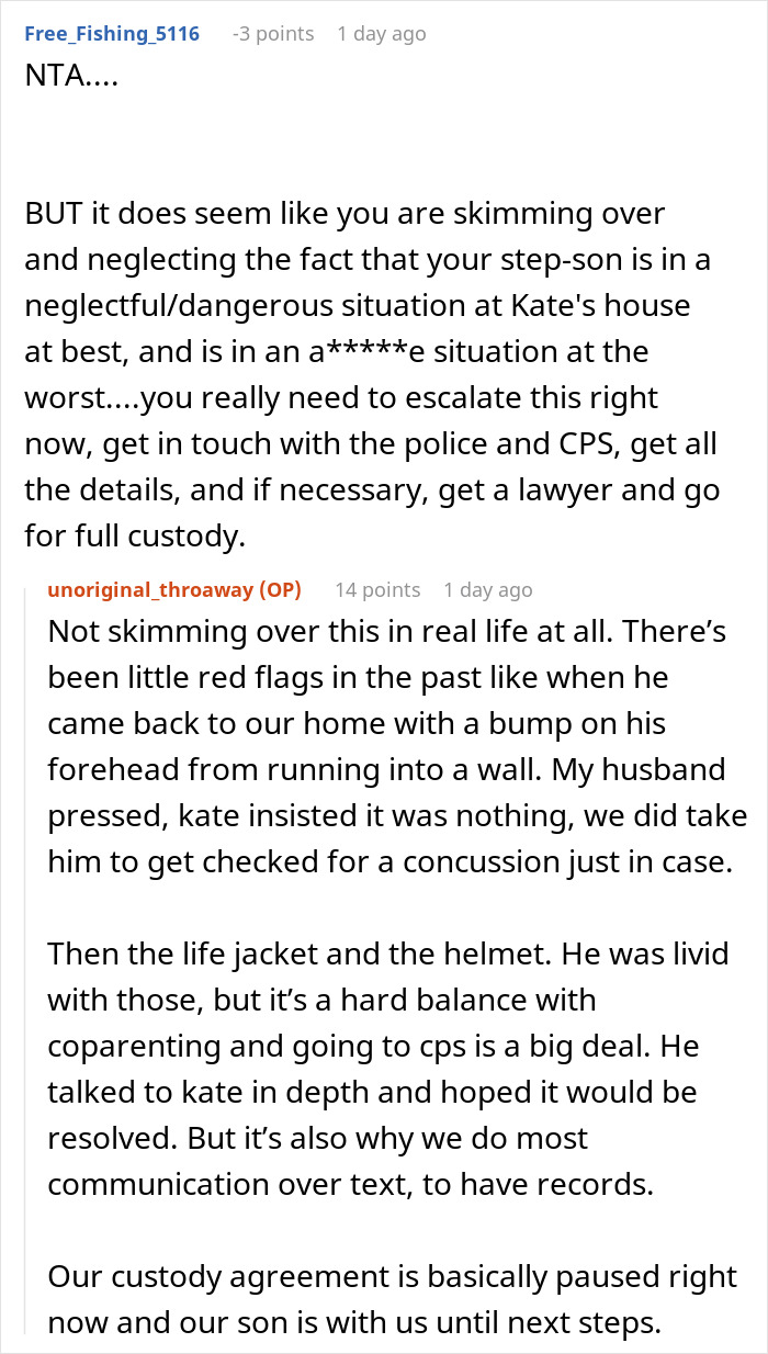 Screenshot of an online discussion about misunderstanding between co-parents involving CPS and child custody concerns.