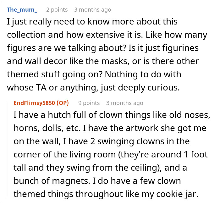 Commenters discuss a huge clown collection including figurines, wall decor, and themed items in a detailed conversation thread. Commenters discuss a huge clown collection including figurines, wall decor, and themed items in a detailed conversation thread.