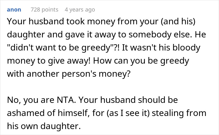 Comment discussing husband promising daughter's inheritance to freeloader sister and facing wife's anger and husband's regret. - 20