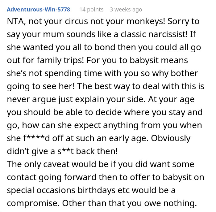 Comment on absentee mom expecting teen to babysit fianc&eacute;&rsquo;s kids so they can enjoy dates, highlighting family and babysitting issues.