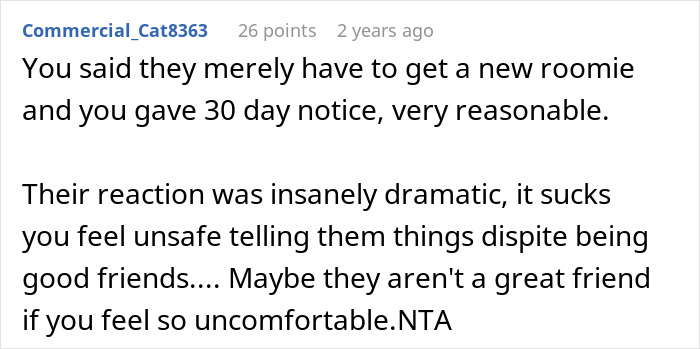 Comment discussing drama and discomfort around not telling a roommate about buying a house until closing.