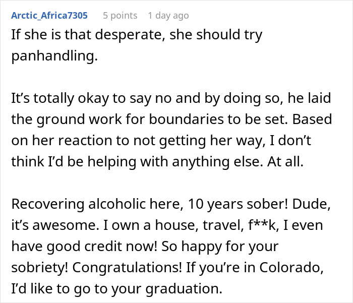 Alt text: User discusses setting boundaries with a grifter neighbor after refusing to lend money amid accusations of starving her baby