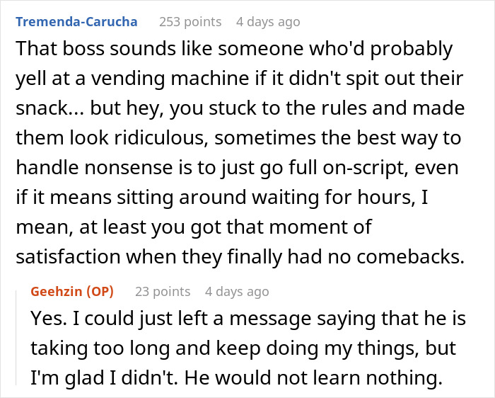 Screenshot of a Reddit conversation about a boss telling a guy to message after every client then ignoring him for hours. - 19