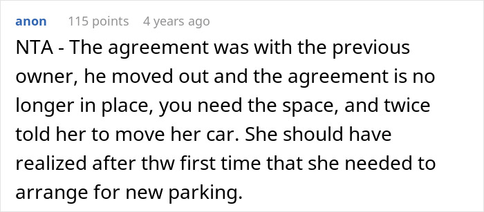Screenshot of a forum comment discussing a disabled woman&rsquo;s mistaken claim of owning a neighbor&rsquo;s driveway space.