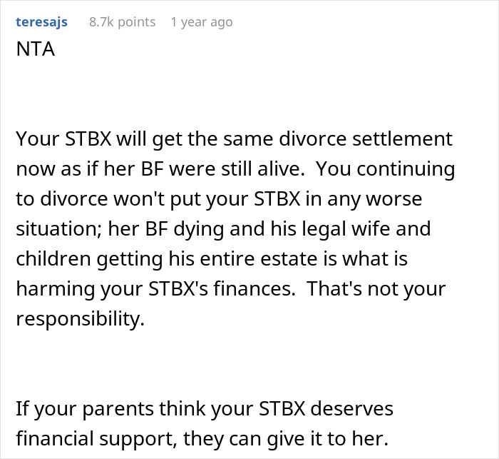 Text message conversation about wife leaving for affair partner, boyfriend dying in crash, and divorce settlement issues. - 14