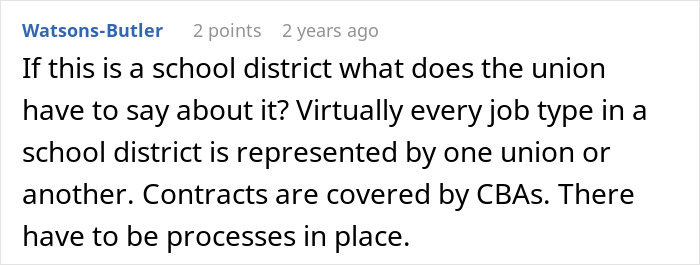 User comment discussing union representation and contract processes in school districts related to work making reapply position. - 28