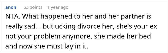 Screenshot of a forum comment about a wife who left for an affair partner and now wants her ex to delay the divorce. - 29