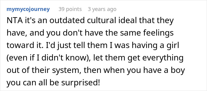 Comment thread discussing traditional parents badgering daughter-in-law about the unborn grandchild’s gender with a son’s frustrated response. - 22
