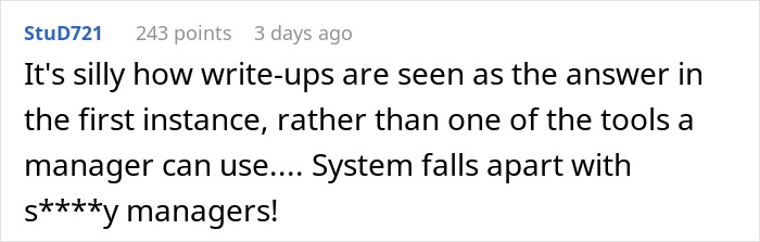 Screenshot of an online comment criticizing write-ups and management, highlighting issues with penalty fairness for lateness.