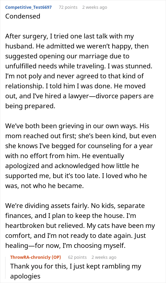 Wife responds to husband demanding child and opening marriage by filing divorce papers after talks and emotional struggles. - 82