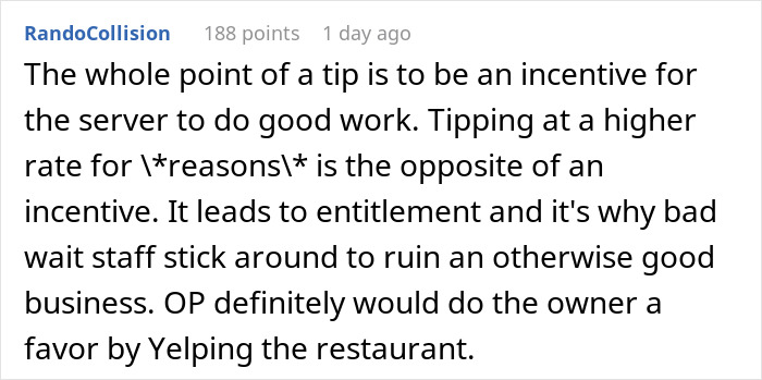 Screenshot of a Reddit comment discussing tipping and waitstaff entitlement in response to man taking back his tip after waitress shaming him.