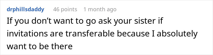 Comment about asking sister if party invitations are transferable, expressing strong desire to attend the rebirth event.