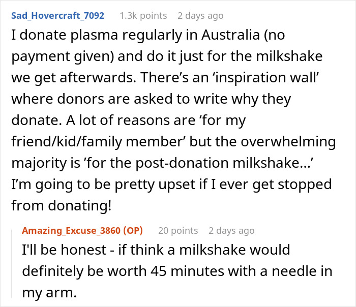 Text conversation about plasma donation experiences, milkshakes after donating, and concerns over being denied donation. Text conversation about plasma donation experiences, milkshakes after donating, and concerns over being denied donation.