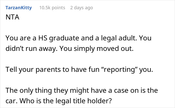 Reddit comment explaining an adopted daughter moves out after graduation due to parents playing favorites.