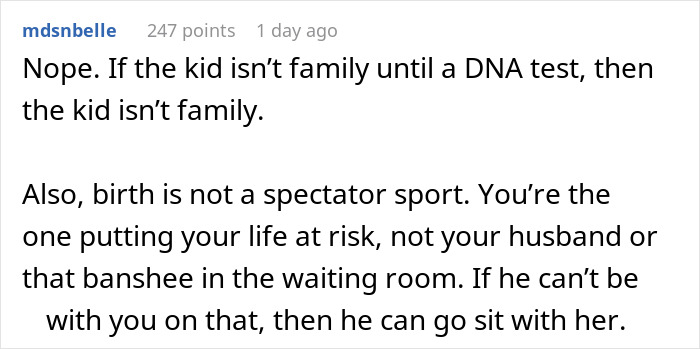 Comment about family and delivery room baby DNA testing highlighting birth risks and waiting room presence. - 16