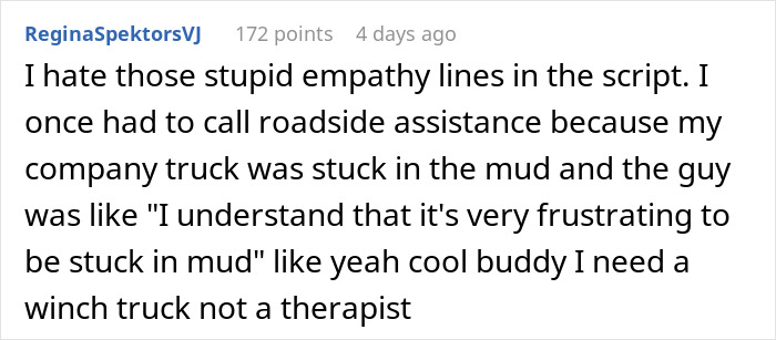 Alt text: Reddit comment criticizing empathy lines in scripts, relevant to new supervisor stuck with sticking to the script order.
