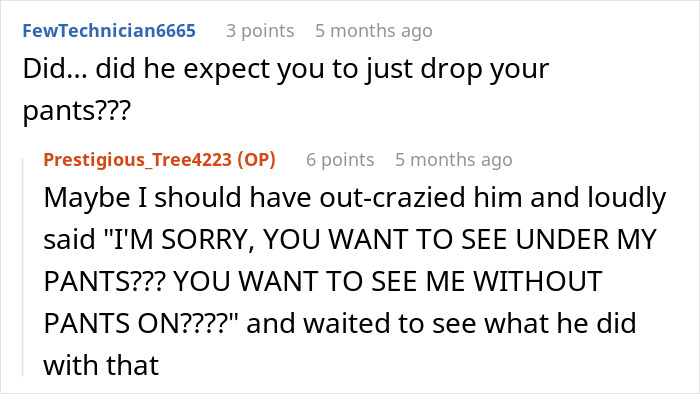 Online comment exchange showing a boomer complaining about stranger’s pants and reaction to the response. - 23