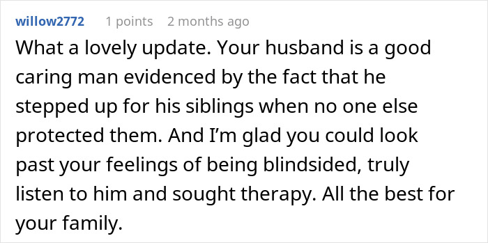 Comment praising husband&rsquo;s decision to move in disabled siblings and reflecting on marriage challenges and therapy.