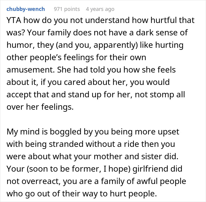 Comment criticizing family turning woman's scar into dumb ugly sweater joke, causing her to walk out. Comment criticizing family turning woman's scar into dumb ugly sweater joke, causing her to walk out.