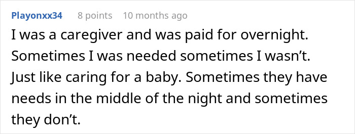 Comment about nanny working overnight, comparing caregiving duties and pay for varying hours during the night shift. - 21