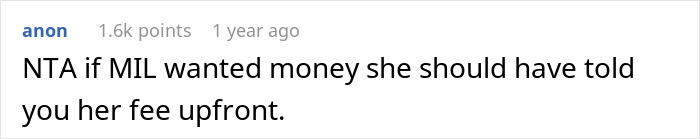 Screenshot of a Reddit comment discussing refusing to pay MIL for babysitting their toddler, highlighting a babysitting fee dispute.