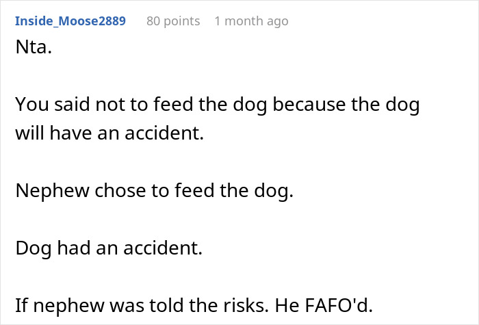 Screenshot of a forum comment discussing a woman refusing to replace nephew&rsquo;s jacket ruined by dog&rsquo;s accident.