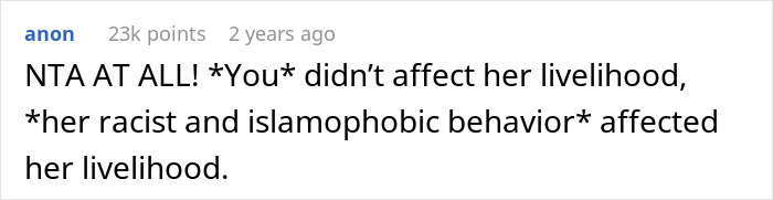 Screenshot of a Reddit comment discussing blatantly Islamophobic behavior affecting a coworker's livelihood.
