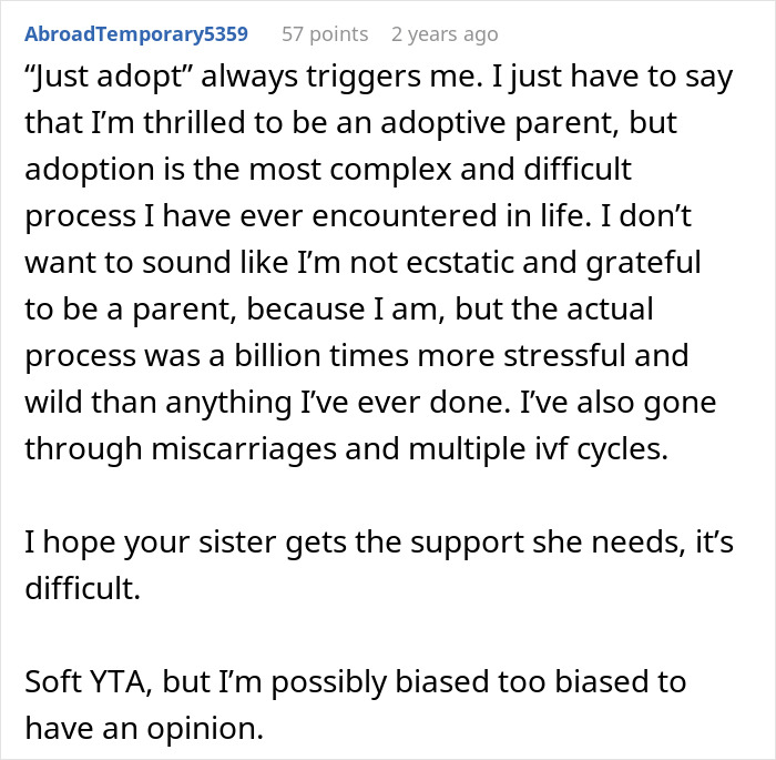 Comment explaining the emotional challenges of adoption and infertility shared by a baby-mad woman struggling to conceive.