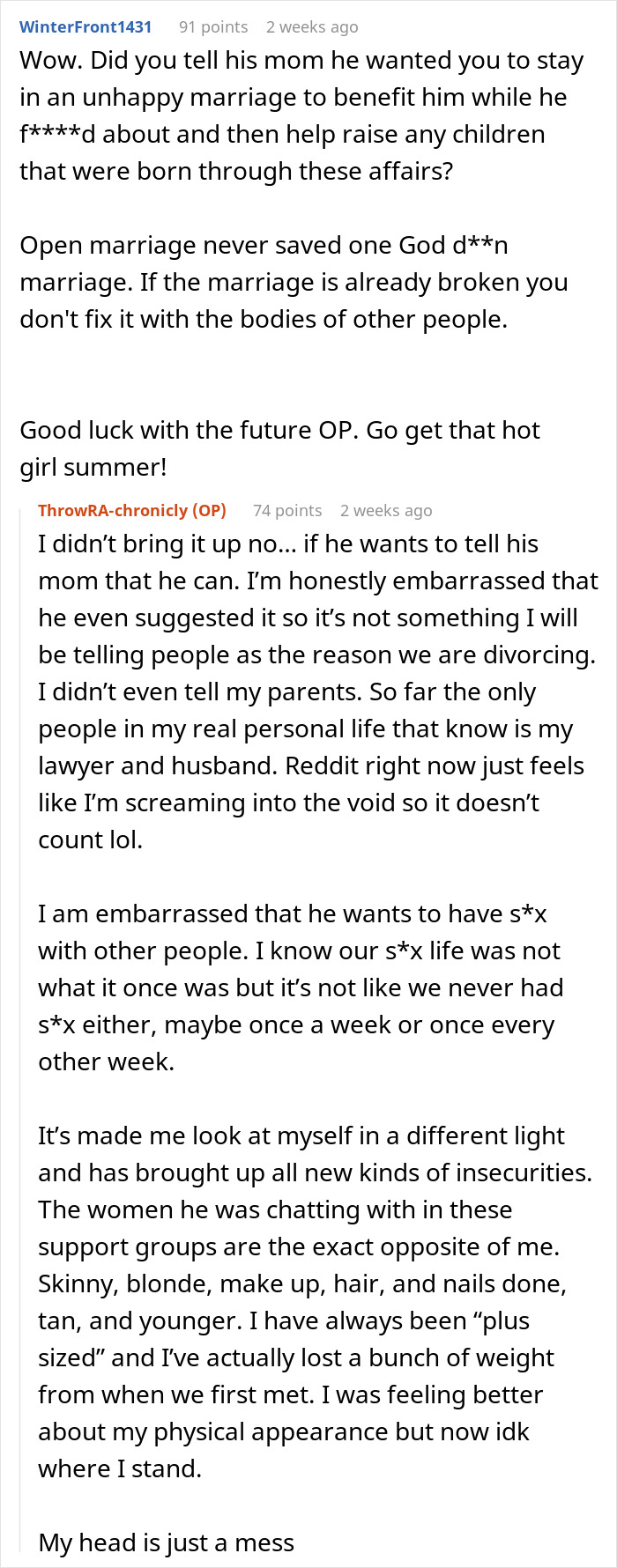 Reddit comments discussing husband demanding child and open marriage leading to wife giving divorce papers. - 81