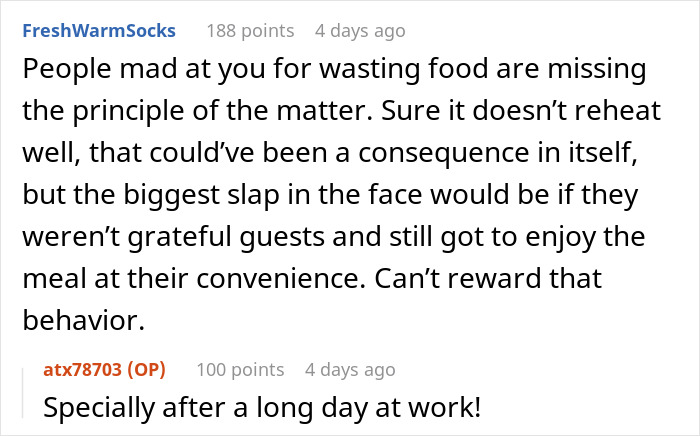 Reddit comments discussing family&rsquo;s entitled behavior and consequences of being ungrateful guests after a long day at work.